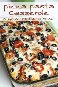 a pizza casserole with olives and tomatoes