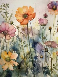 watercolor painting of colorful flowers on white background