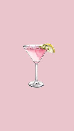 a pink cocktail with lemon wedges and garnish on the rim, against a light pink background