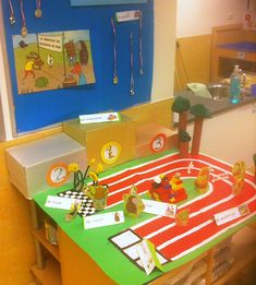 a table with some toys on it in a room