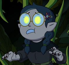 a cartoon character with yellow eyes and an evil look on his face, standing in front of green plants