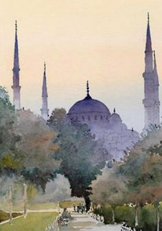 watercolor painting of the blue mosque in turkey