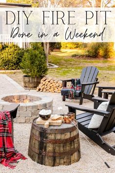 an outdoor fire pit surrounded by chairs and tables with blankets on them in front of a house