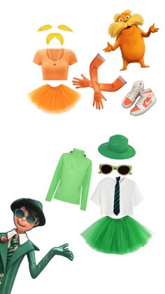 I can’t spell, but duo costume Lorax Costume Onceler, Orange Diy Costume, Lorax And Onceler Costume Duo, Lorax Duo Costume, Duo Celebrity Costumes, The Onceler Halloween Costume, Duo Halloween Costumes Diy, Simple Duo Costumes, Lorax And Onceler Costume