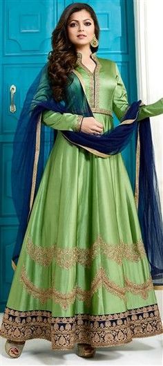 Green color Salwar Kameez in Silk fabric with Stone, Thread work Green Kameez, Green Anarkali Suits, Green Dress Outfit, Green Anarkali, Drashti Dhami, Green Silk Dresses, Pakistan Fashion, Korean Fashion Dress, Anarkali Suit