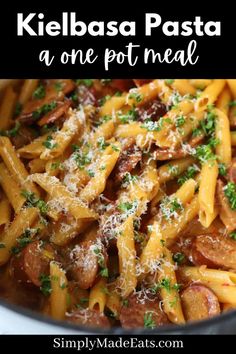 Kielbasa pasta in dutch oven with parmesan cheese and parsley. Kielbasa And Kale Recipes, Polska Kielbasa Recipes Easy Dinners, Kielbasa And Noodles, Kielbasa And Pasta, Kielbasa Meals, One Pot Kielbasa, Kielbasa Pasta Recipes, Turkey Kielbasa Recipes, Creamy Penne Pasta