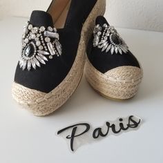 New Beautiful Black Suede Espadrilles With Large Chunky Rhinestone As Decor Size 8 New Boutique Item Only This Pair! # Must Have! Elegant Black Summer Espadrilles, Elegant Black Espadrilles For Beach, Bella Marie, Espadrille Shoes, Black Suede, Espadrilles, Boutique, Women Shoes, Women Shopping