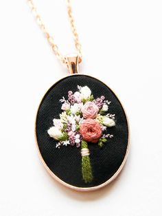 HANNAH'S HAND EMBROIDERED BOUQUET NECKLACE IN BLACK Nothing brightens a day like flowers do. So here's some flowers you can wear everyday to bring some cheer to your day and outfit. It never wilts plus it's a conversation piece too! I hand embroider every intricate piece, and each pattern is hand drawn so no two necklaces will be exactly the same. This necklace is proudly handmade in the Philippines. - - - - - - - - - - - - - - - - - - - - - - - - - - - - - - - - - - - - - - - - - - - DETAILS: * Floral Embroidered Flower Jewelry For Weddings, Embroidered Bouquet, Tiny Embroidery, Embroidered Pendant, Small Embroidery, Gold Pendant Jewelry, Rose Gold Pendant, Modern Flower, Necklace Black