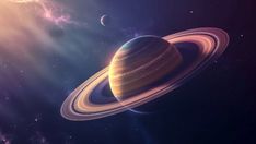 an artist's rendering of saturn and its rings in outer space, with the sun behind it