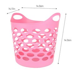 a pink plastic basket with holes on the side and measurements for each item in it