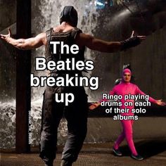 a man and woman dancing in front of a fountain with the caption'the beatles breaking up '