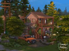 an animated image of a house in the woods with a truck parked next to it