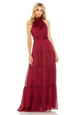 High neck long pleated tiered formal dress wtih ruched waist. Prom Dress Burgundy, Designer Formal Dresses, Mac Duggal Dresses, Halter Gown, Designer Prom Dresses, Prom Designs, Pleated Bodice, Stunning Gowns, Bow Back