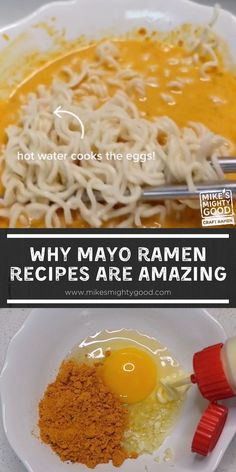 an egg and some noodles on a white plate with the words why mayo ramen recipes are amazing