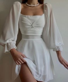 White Fitted Chiffon Dress, Long Sleeve Chiffon Mini Dress For Wedding, Elegant Chiffon Mini Dress With Square Neck, Elegant White Chiffon Mini Dress, Fitted Long Sleeve Chiffon Dress For Casual Wear, Formal White Chiffon Mini Dress, White Chiffon Dress For Formal Occasions, Chic White Fitted Chiffon Dress, White Fitted Chiffon Party Dress