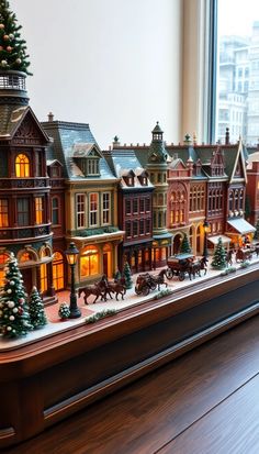 a christmas town with horses and sleighs on display in front of a window