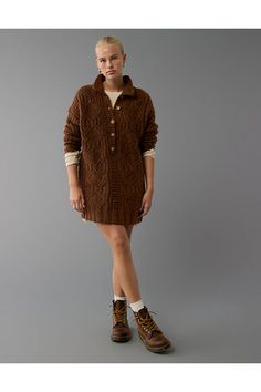 Detailed sweater knit/Mock neck with half button-up closure/Ribbed cuffs, collar & hem/This dress is Real Good: Made with the planet in mind & a promise to continue to do better. Mini Sweater, Detailed Sweater, Mini Sweater Dress, Do Better, Cool Stuff, Sweater Knit, Women's Jeans, Mock Neck, American Eagle Outfitters