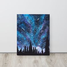 an acrylic painting of the night sky with stars and trees