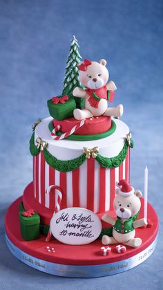 a christmas cake with teddy bears on top