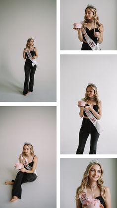 four photos of a woman holding a trophy and posing for the camera with her hands on her hips