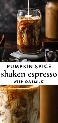 pumpkin spice shaken espresso with oatmik in a glass jar