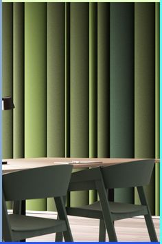 an empty table with two chairs and a lamp on it in front of green vertical blinds