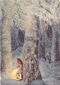 a painting of a person standing in the snow next to a tree with a lantern