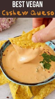 a hand dipping a tortilla chip into a bowl filled with cashew quesadilla