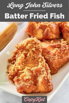 some fried fish on a white plate with the words long john silver's batter fried fish