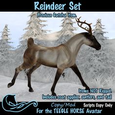 the reindeer is running through the snow covered forest with trees in the background and text below it