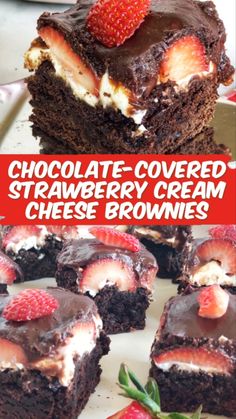 chocolate covered strawberry cream cheesecake brownies with strawberries on top and the bottom