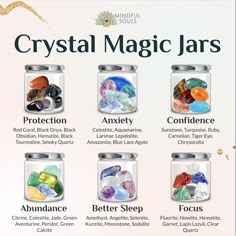 Which Crystal Jar do you need? ✨ Drop an emoji in the comments below! 🖤for Protection 💙for Anxiety ❤️for Confidence 💚for Abundance 🧡for Better Sleep 🤎for Focus Crystal Healing Chart, Crystal Guide, Crystals Healing Properties, Spiritual Crystals, Wiccan Spell Book, Herbal Magic, Wiccan Spells, Crystals In The Home, Crystal Healing Stones