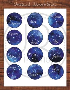 the zodiac signs and their names on blue glass plates with wood frame in front of a wooden