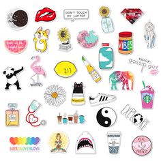 many different stickers are arranged on a white surface, including one that says don't touch my lip top