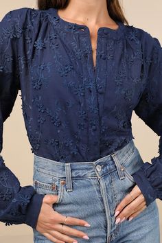 Looking for a chic option for everyday wear? We can't get enough of the Lulus Contemporary Flirt Navy Blue Embroidered Balloon Sleeve Top! Lightweight woven fabric boasts an embroidered floral design with 3D applique accents throughout. Long balloon sleeves with button cuffs frame a bodice with a crew neckline and a functional button placket at the front. Rounded hems complete the look. Fit: This garment fits true to size. Length: Size medium measures 22.5" from shoulder to hem. Bust: Great for Balloon Sleeve Top, Button Front Top, Long Balloons, Woven Fabric, Sleeve Top, Bodice, Navy Blue, Everyday Wear, Floral Design