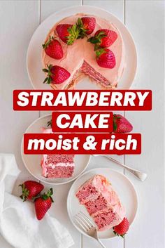 two plates with slices of strawberry cake and strawberries