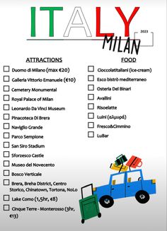 the italian menu is shown with an image of a blue truck and luggage on it