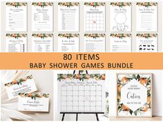 baby shower games bundle with orange flowers and greenery on the wall, including an orange flower