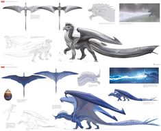 the concept art for how to train your dragon is shown in blue and white colors