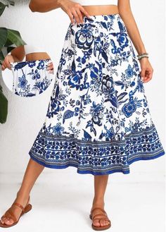 Color:Blue;Size:S;Size:M;Size:L;Size:XL;Size:2XL;Package Contents:1 X Skirt; Elegant Floral Dress, Floral Print Midi Skirt, White Midi Skirt, Blue And White Porcelain, Elastic Waist Skirt, Maternity Skirt, Long Skirts For Women, Spring Skirts, Skirt Midi