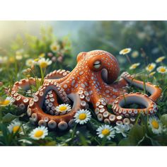 an octopus is laying in the grass with daisies