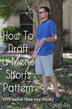 a man standing under a tree with a broom in his hand and the words how to draft a men's shorts pattern on it