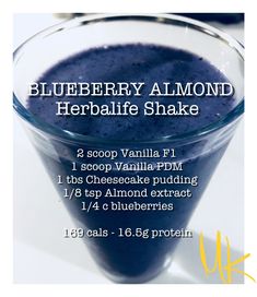 blueberry almond herbife shake recipe in a glass bowl with information on the side