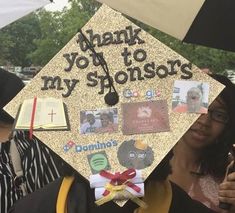 a graduate's cap that says thank you to my sponsors with pictures on it