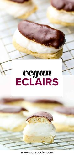 an image of some cookies with chocolate icing on them and the words vegan eclairs above it