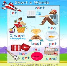 a poster with words and pictures on it that say short e words, i went shopping