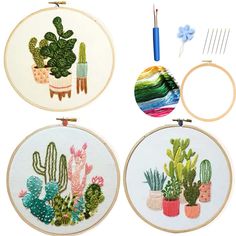 four embroidery kits with cactuses and succulents on the front, one is in