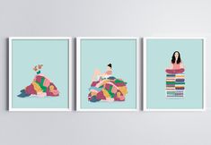 three pictures of people sitting on top of books in different colors and sizes, each with their own image