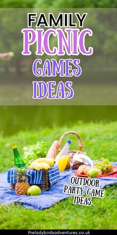 Picnic basket filled with food. Text reads  family picnic games ideas, outdoor party games ideas Picnic Games Ideas, Fun Picnic Games, Summer Picnic Games, Family Picnic Games, Outdoor Games To Play, Family Reunion Ideas, Preschool Family, Picnic Activities