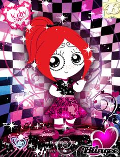 a girl with red hair is standing in front of a checkered background